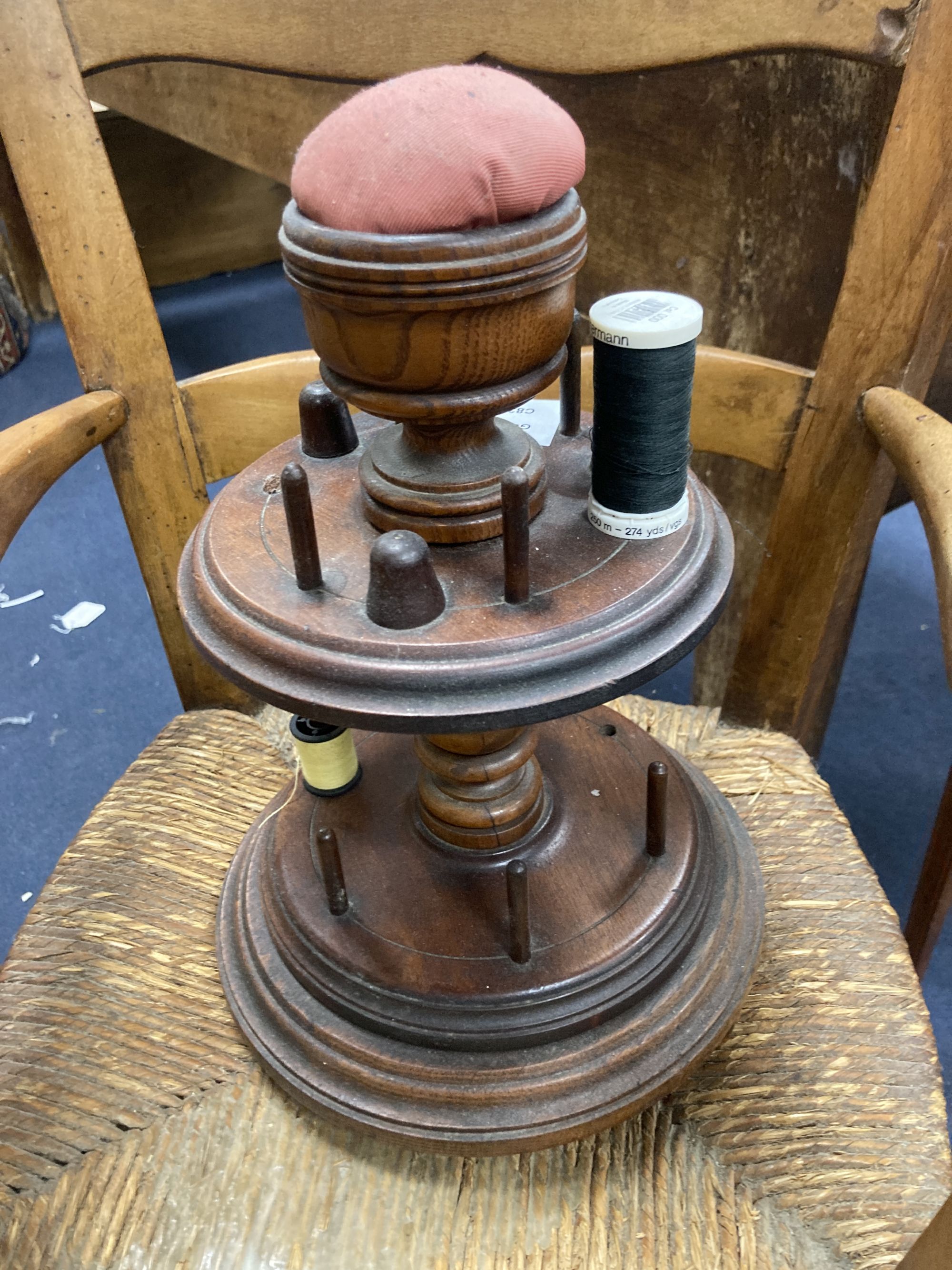 A fruitwood childs chair and a bobbin holder